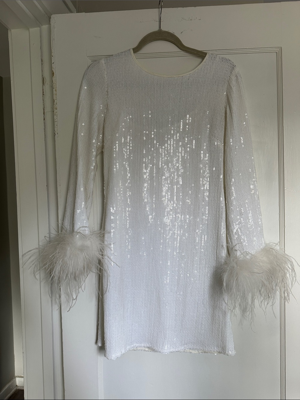 Hutch White Sequin Long Sleeve Dress with Feather Cuffs